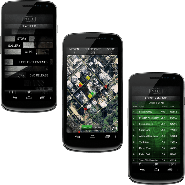 Operational Intel - The Bourne Legacy was a location-based mobile game launched to promote the 2012 US theatrical release of 'The Bourne Legacy'.